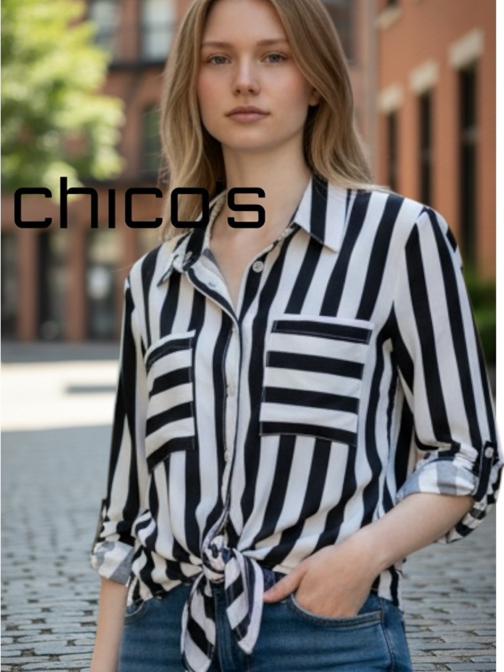 Chico’s Striped Blouse Tie front
